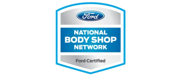 The logo for the national body shop network is blue and silver.