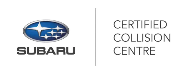 A subaru certified collision centre logo on a white background.