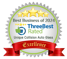 A seal that says best business of 2024 three best rated unique collision auto glass excellence