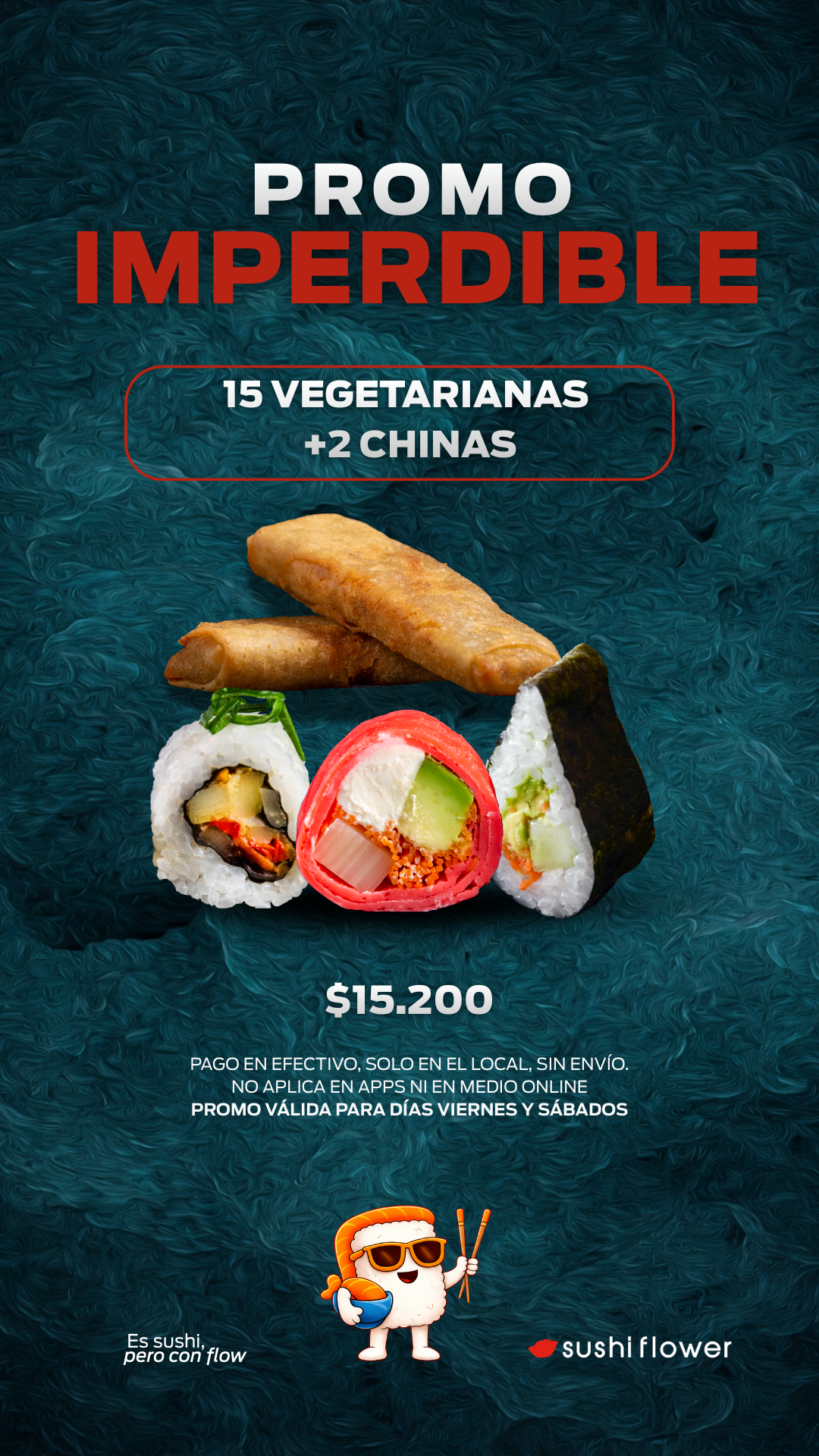 Promoción de sushi con rollos de sushi, texto y precio.