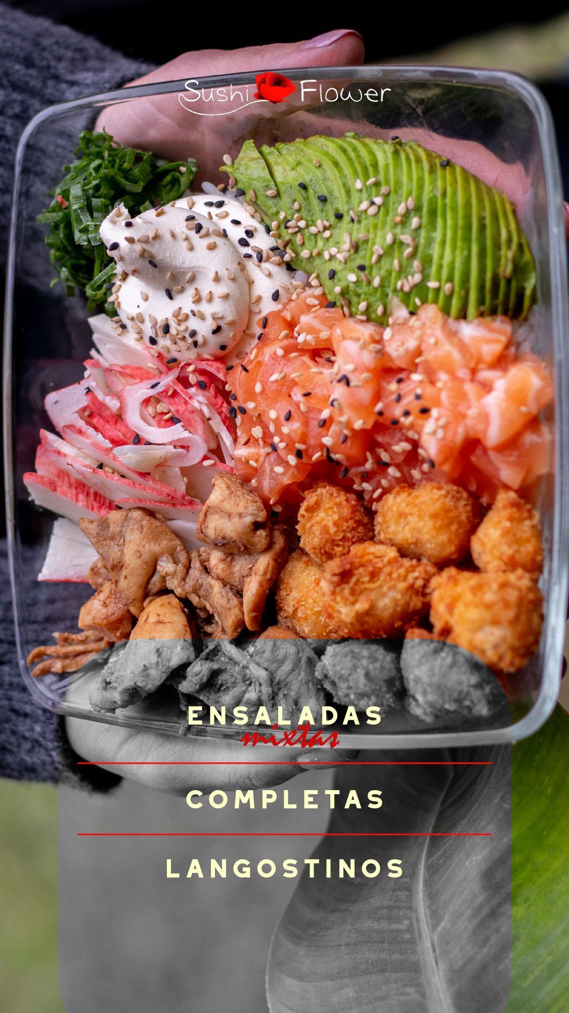 A person is holding a plastic container filled with a variety of food.