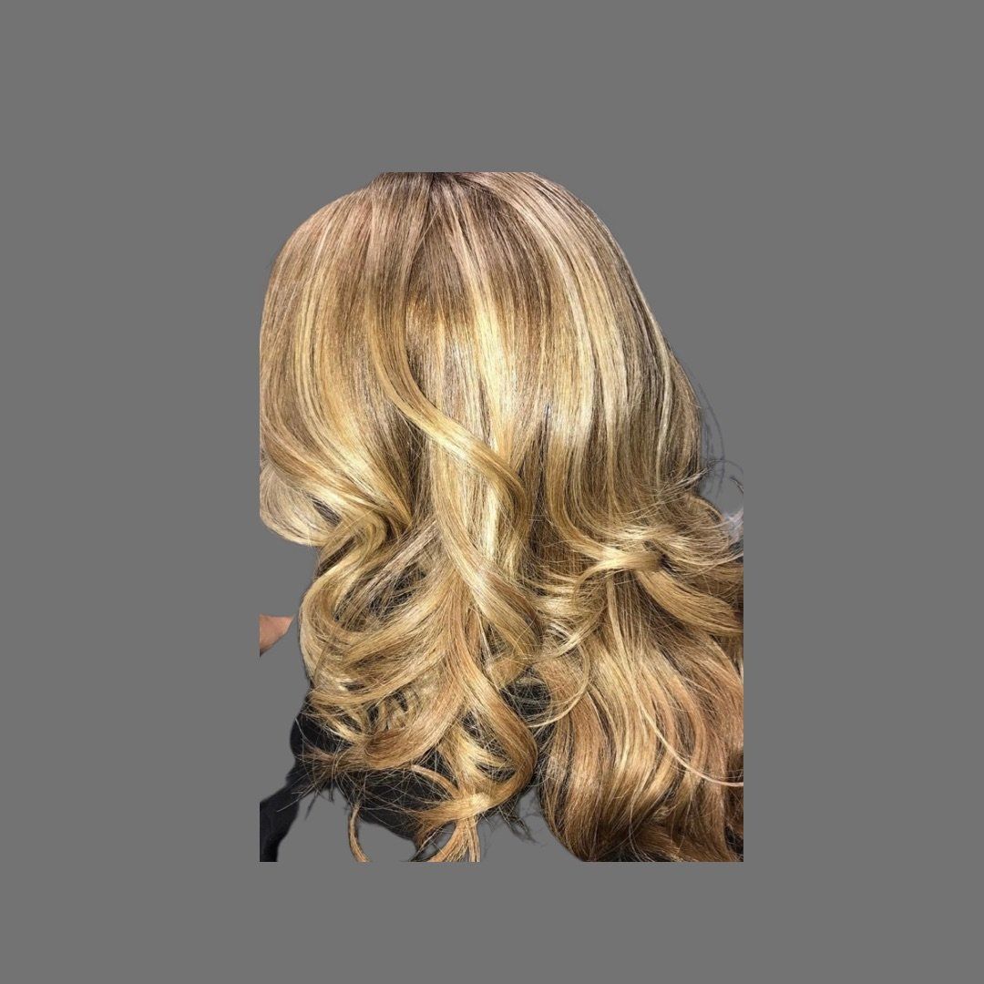 A close up of a woman 's blonde hair on a gray background.