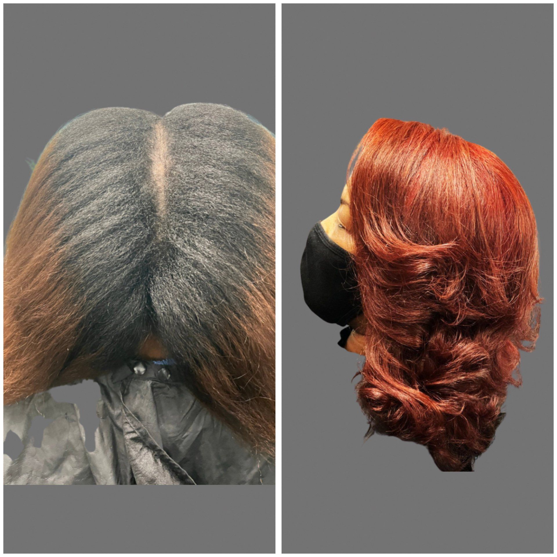 A before and after photo of a woman 's hair.