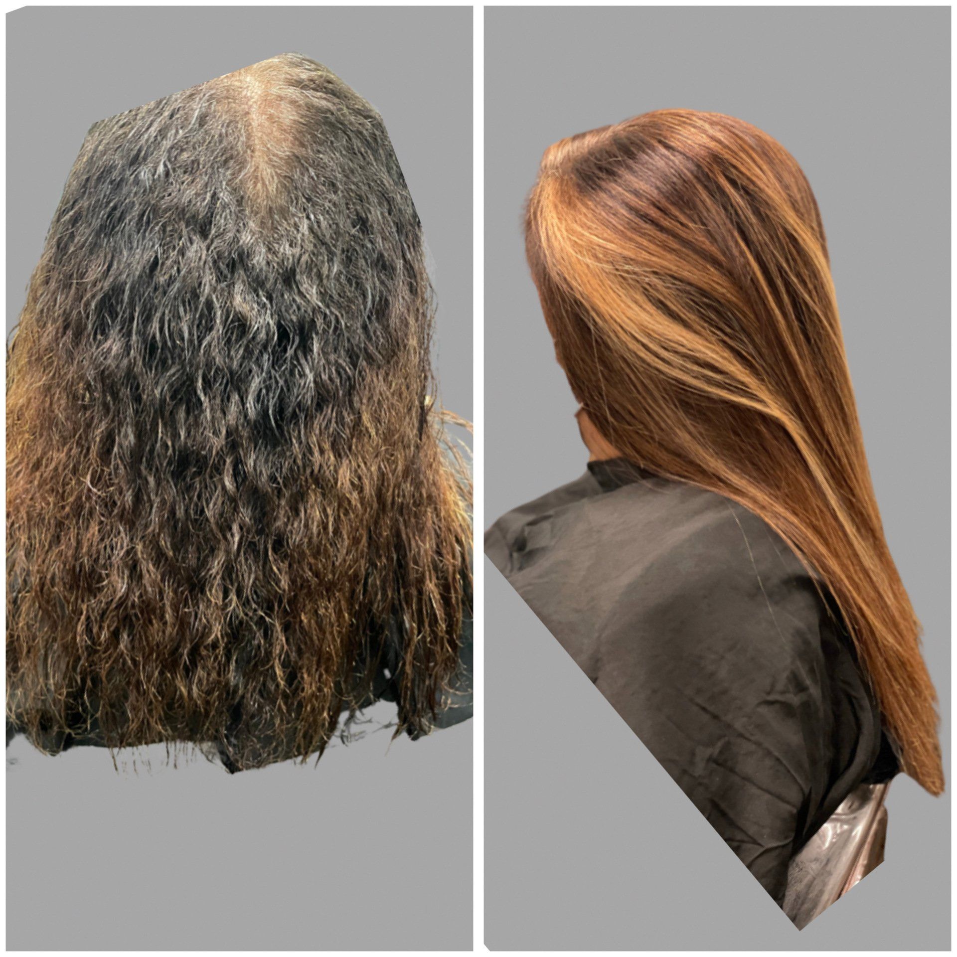 A before and after photo of a woman 's hair