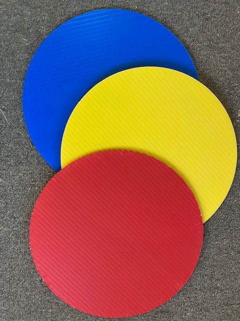 Three circles of different colors are stacked on top of each other