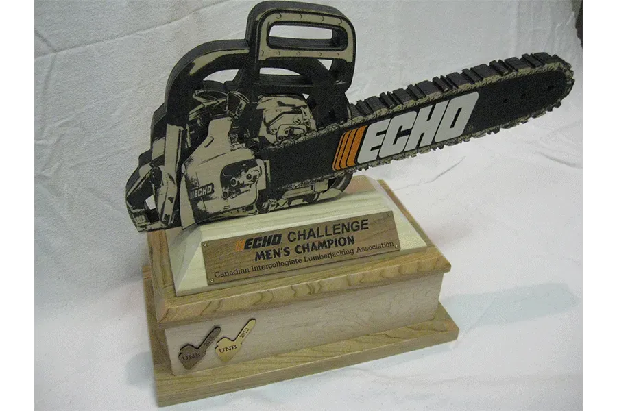A trophy with a chainsaw on it that says echo on it