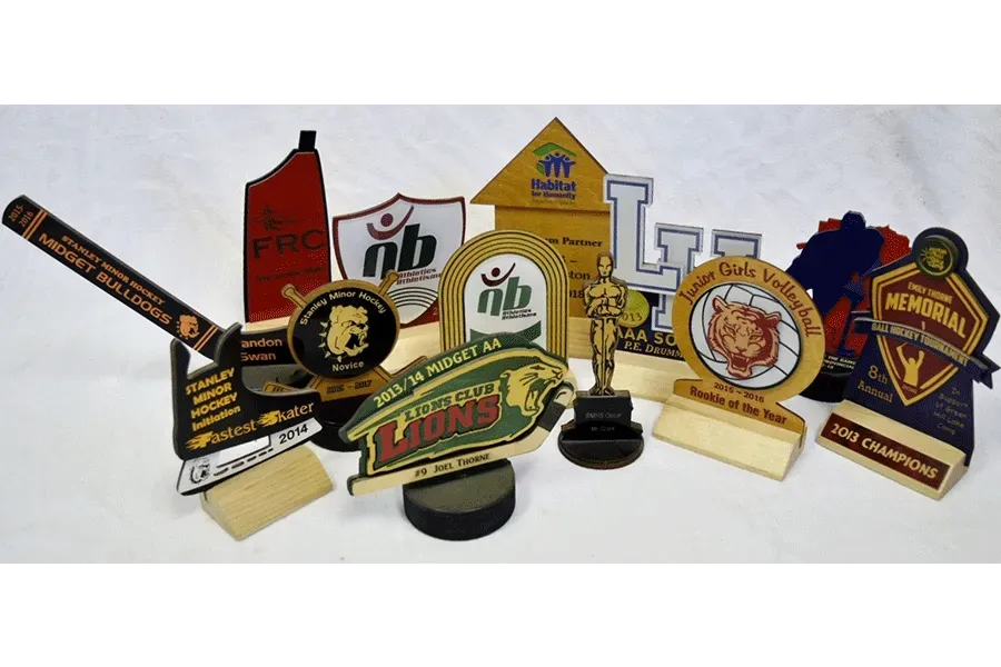 A bunch of wooden trophies with one that says lions on it