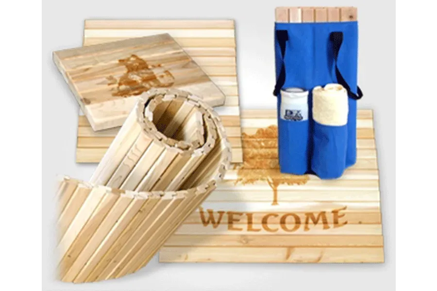 A welcome mat made of wood and a blue bag