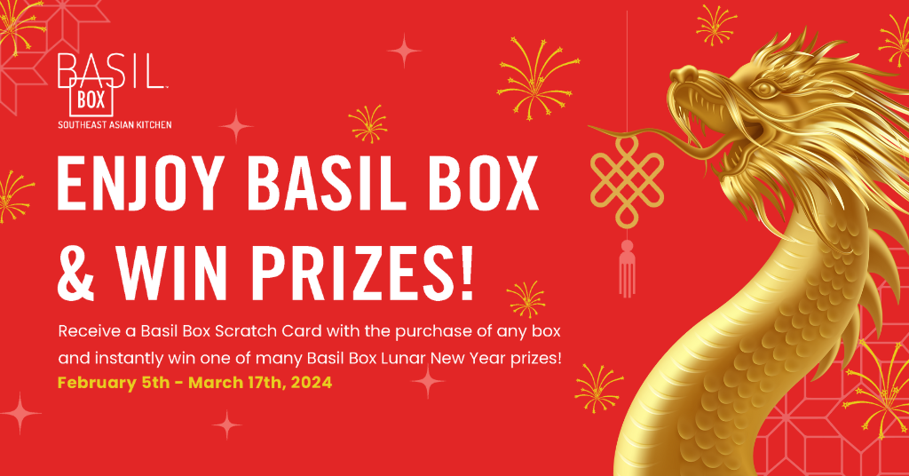 A gold dragon is on a red background with the words `` enjoy basil box & win prizes ''.