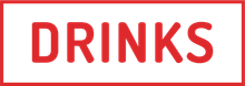 A sign that says drinks in red letters on a white background.