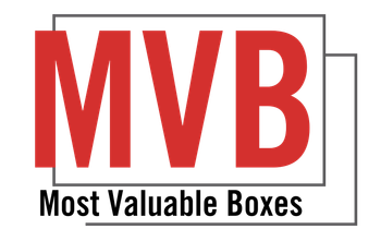 A red and white logo for mvb most valuable boxes