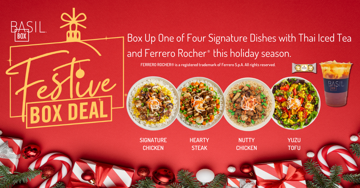 A poster for a festive box deal with four signature dishes with thai iced tea and ferrero rocher.
