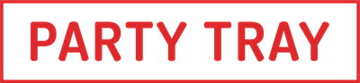 A red sign that says party tray on a white background