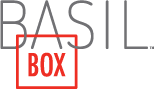 A logo for basil box with a red square in the middle.