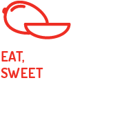 A red icon of a mango with the words `` eat , sweet '' below it.