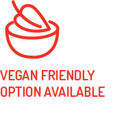 A red icon with a bowl of food and the words `` vegan friendly option available ''.