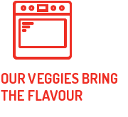A red icon of an oven with the words `` our veggies bring the flavour ''.