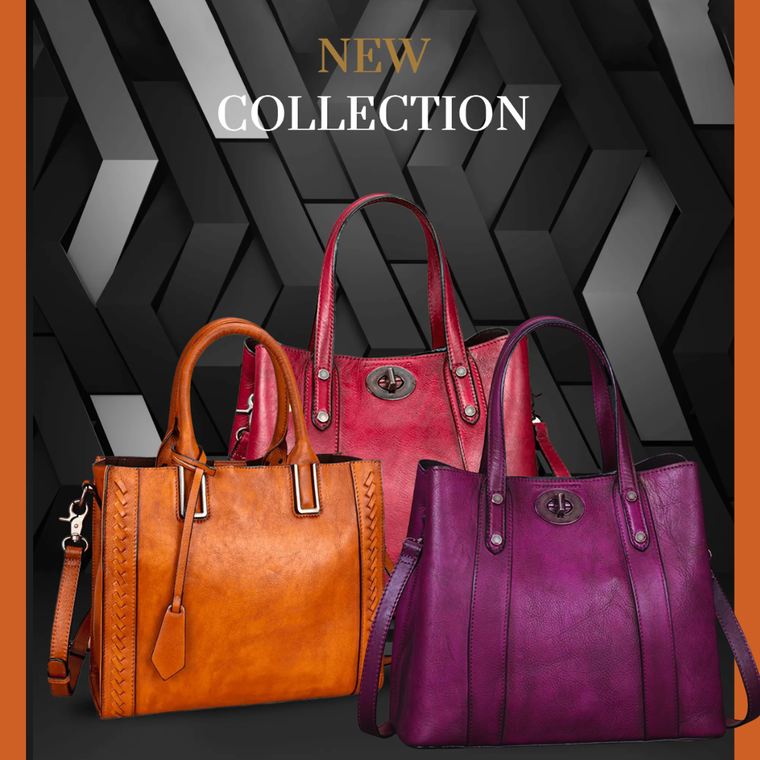 A new collection of handbags is displayed on a black background