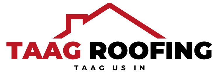 A taag roofing logo with a red roof and the words taag us in