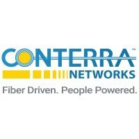 Conterra Networks logo: Blue and yellow text with a design element, tagline 
