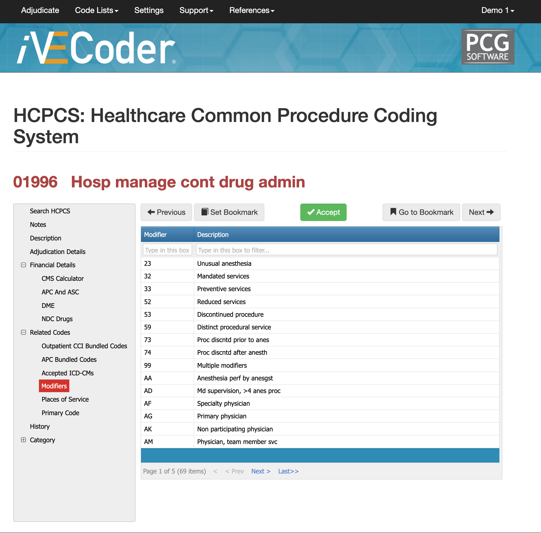 modifiers for 01996,01996 modifers