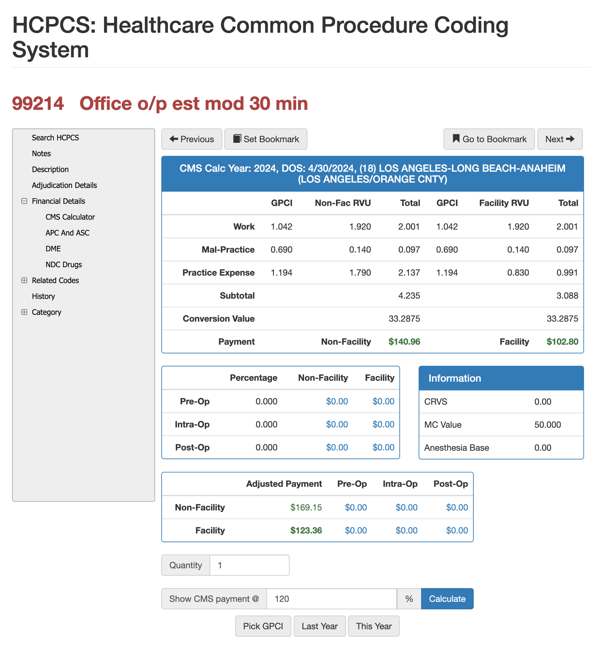 rvus for 99214,99214 adjudication details