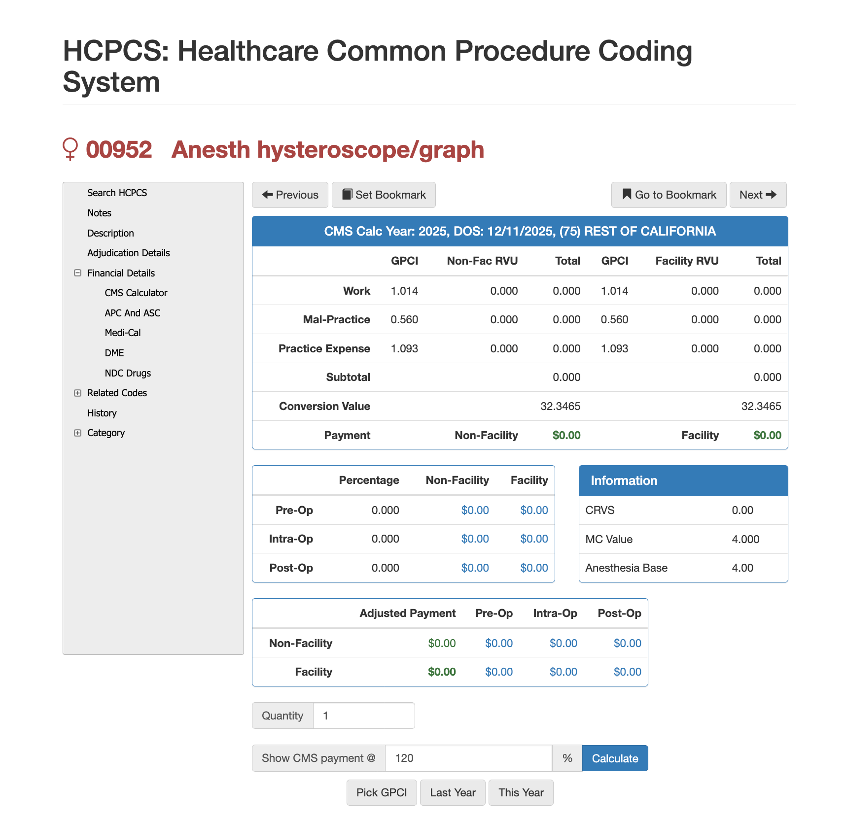 rvu for cpt code 00952