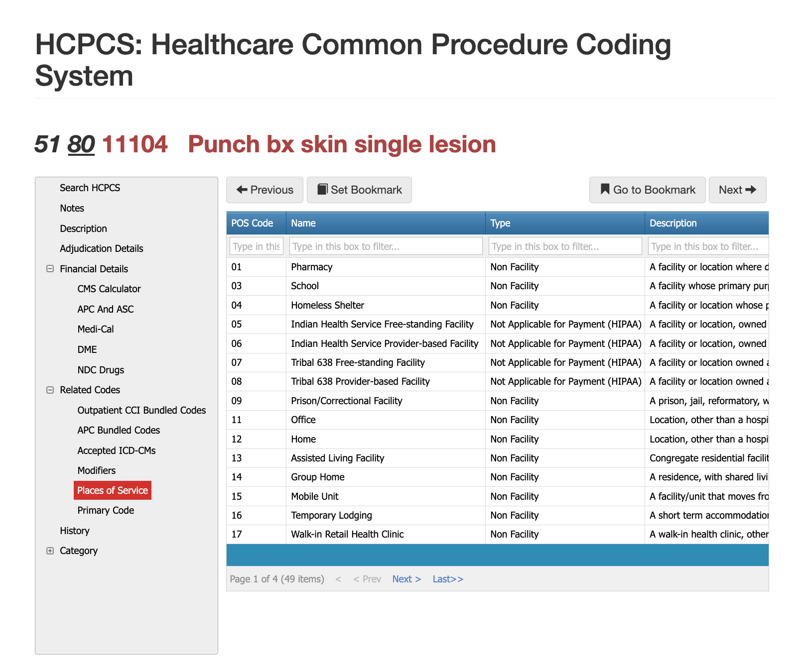 places of service for cpt code 11104