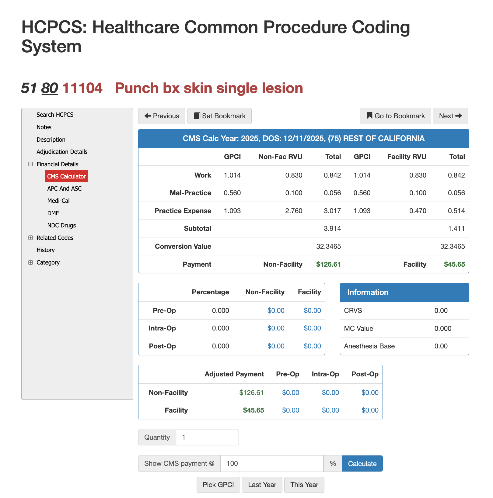 rvu for cpt code 11104
