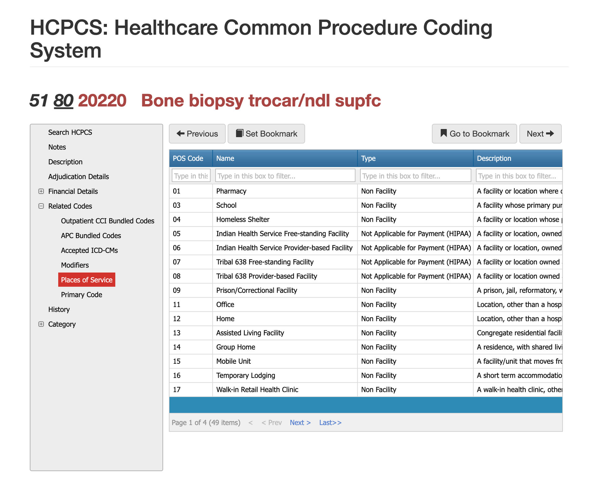 places of service for cpt code 20220