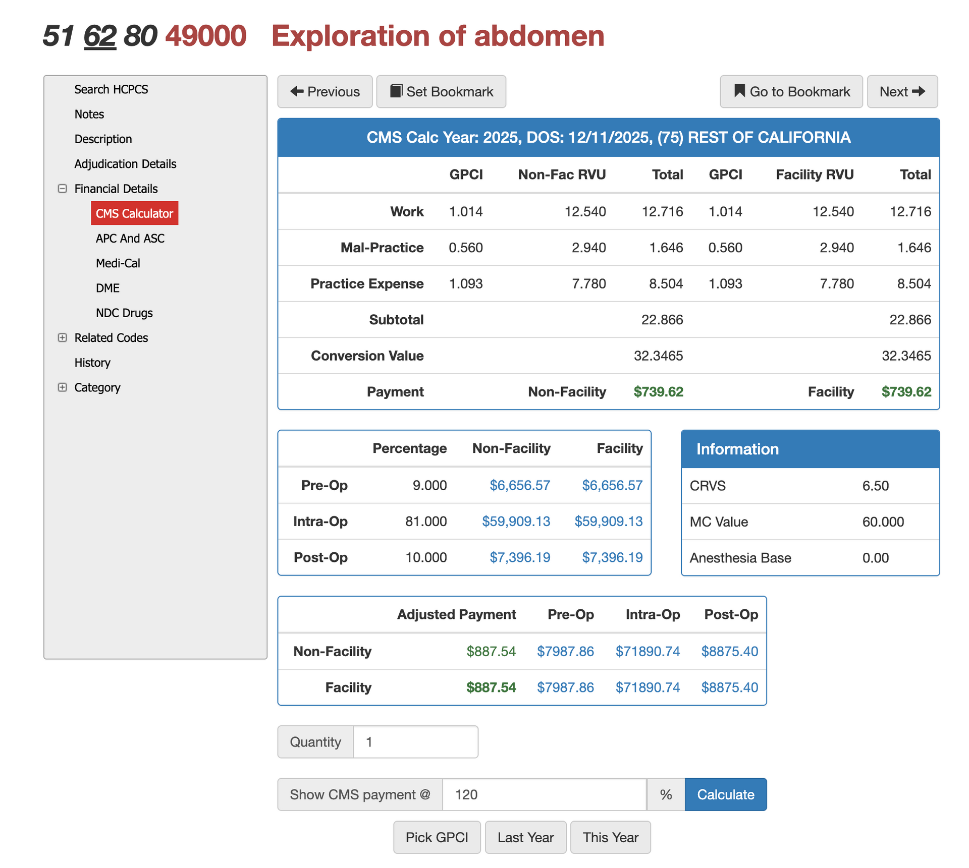 rvu for cpt code 49000