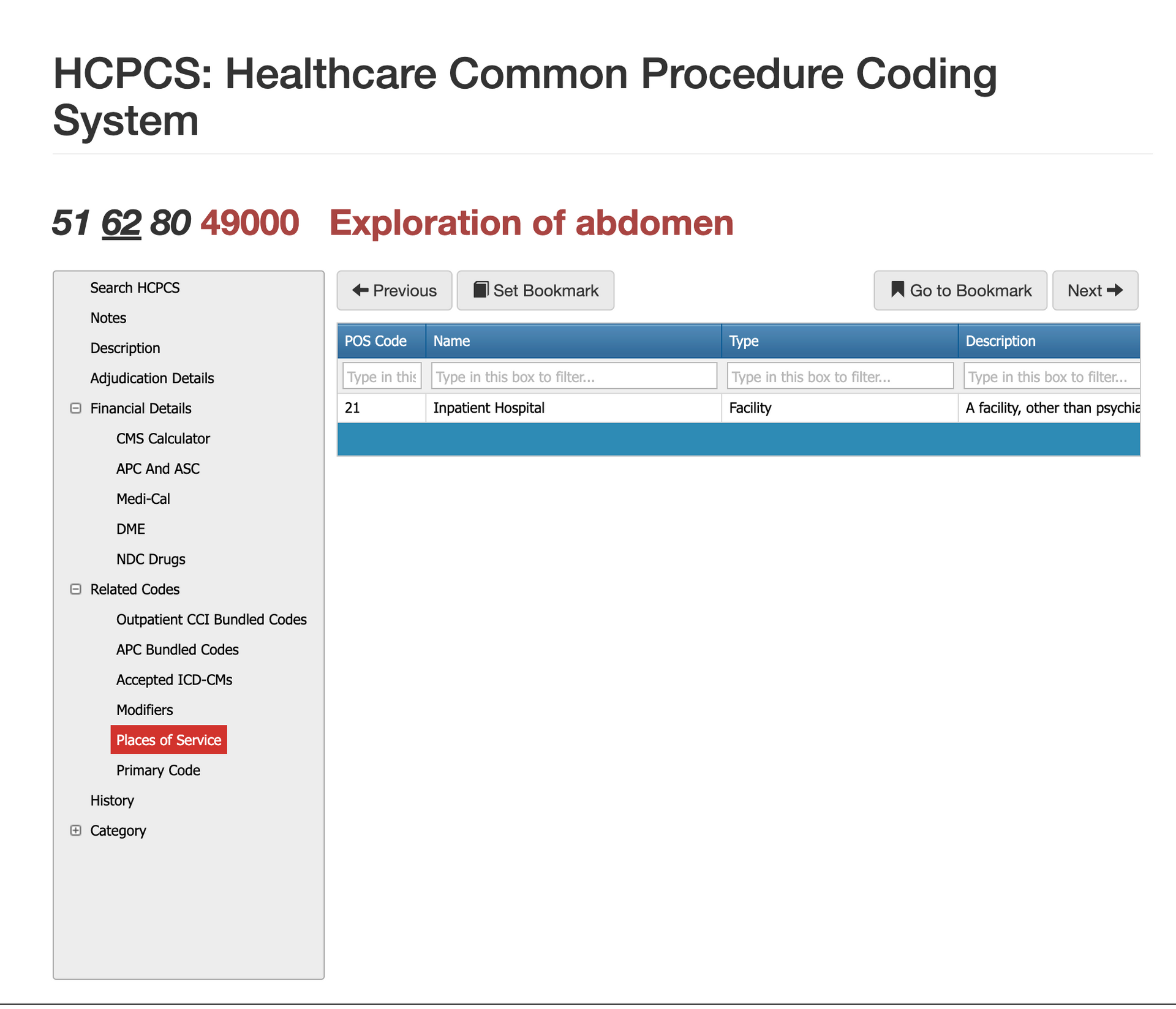 places of service for cpt code 49000