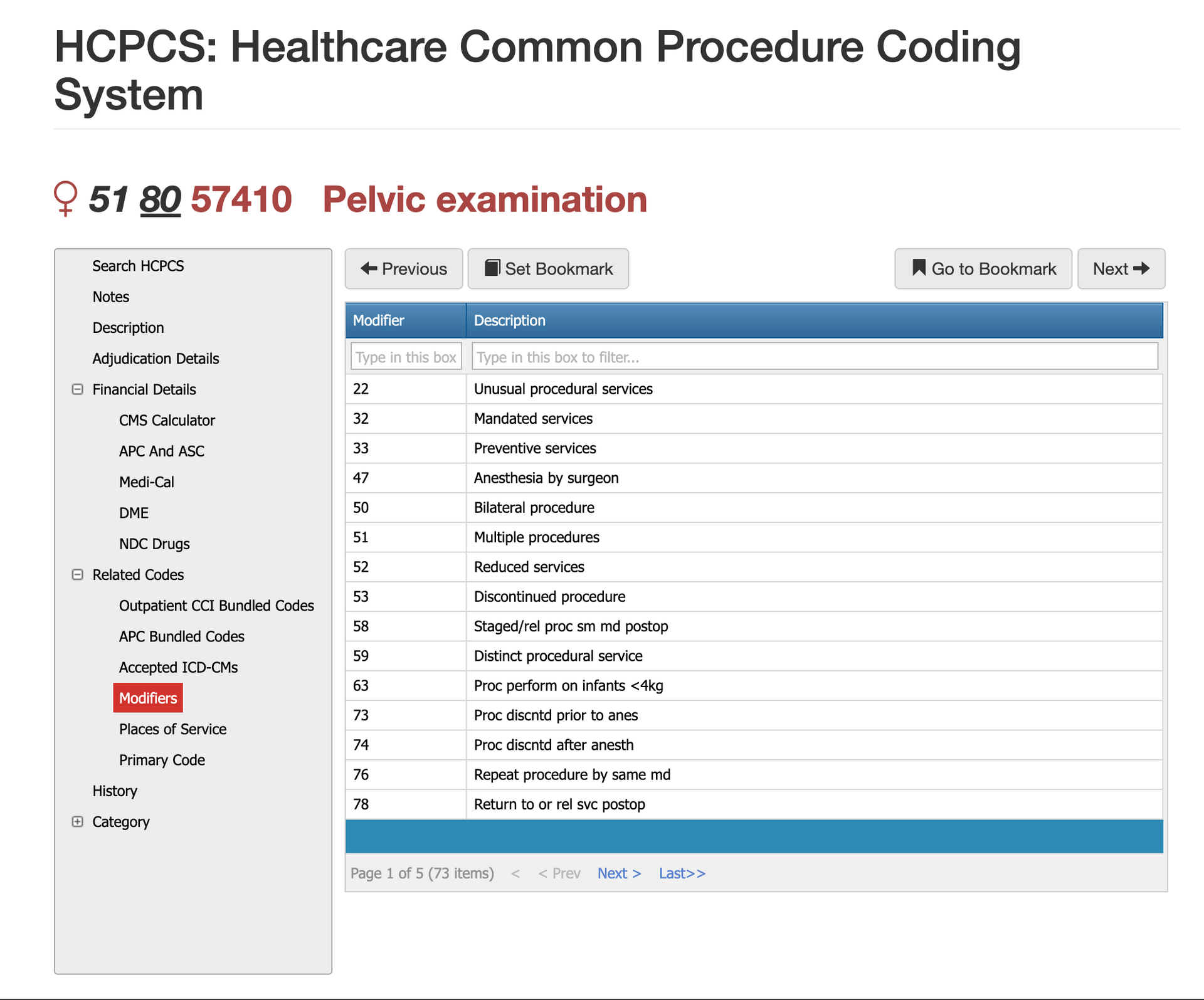 modifiers for 57410,57410 modifers