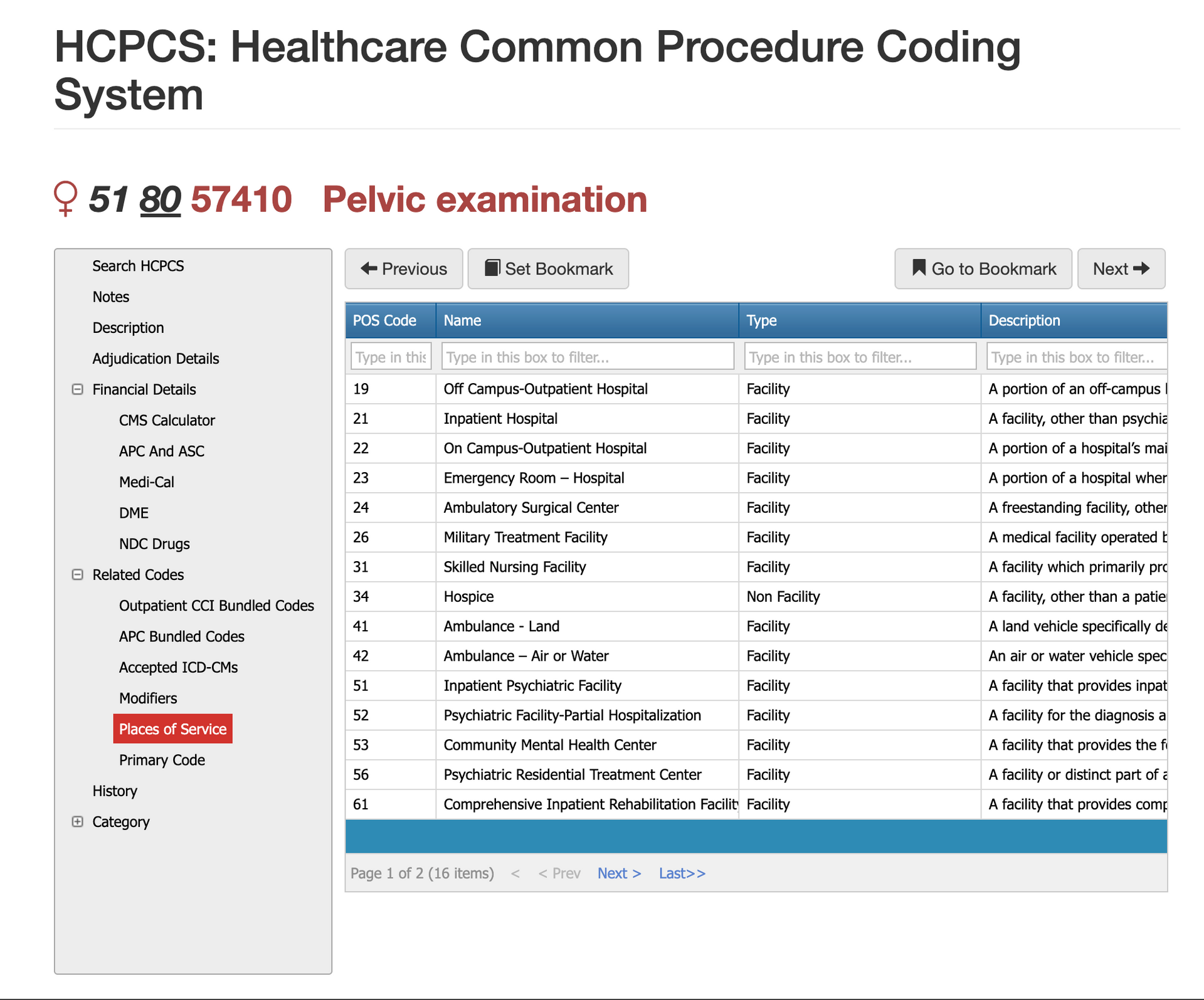 places of service for cpt code 57410
