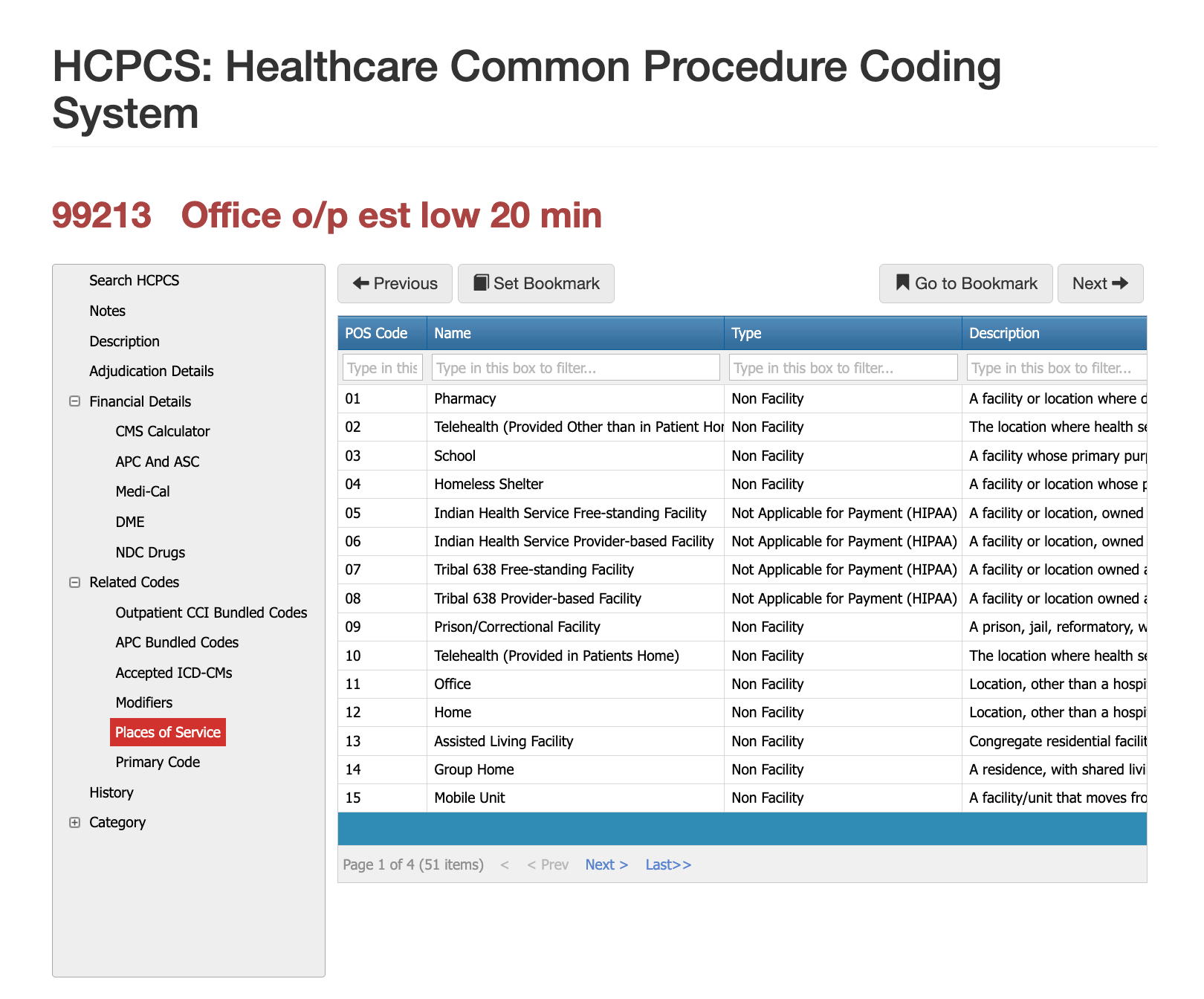places of service for cpt code 99213