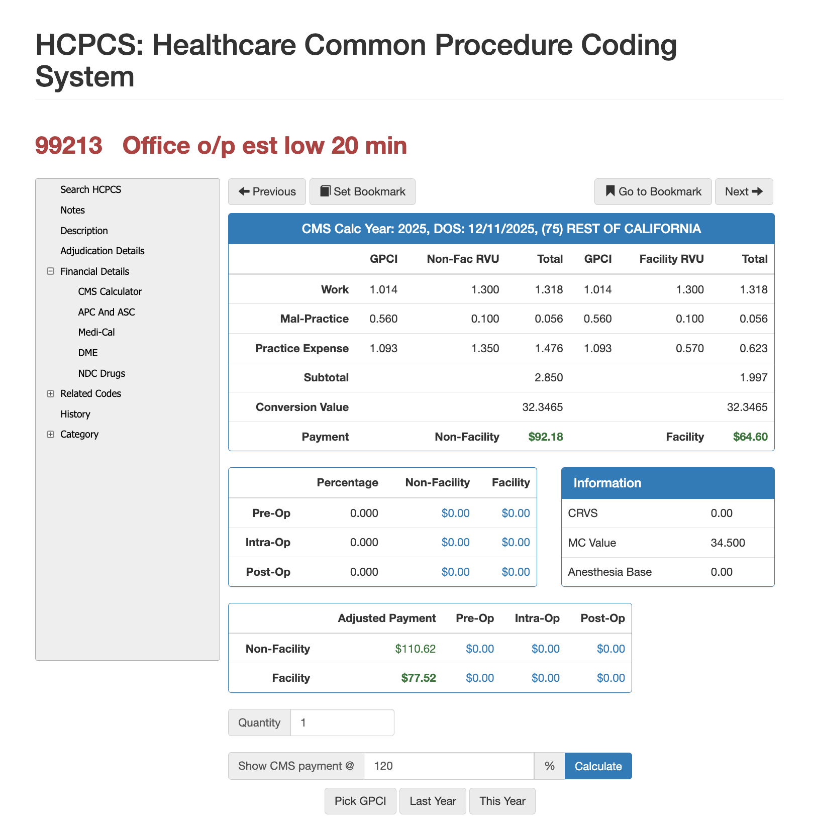 rvu for cpt code 99213