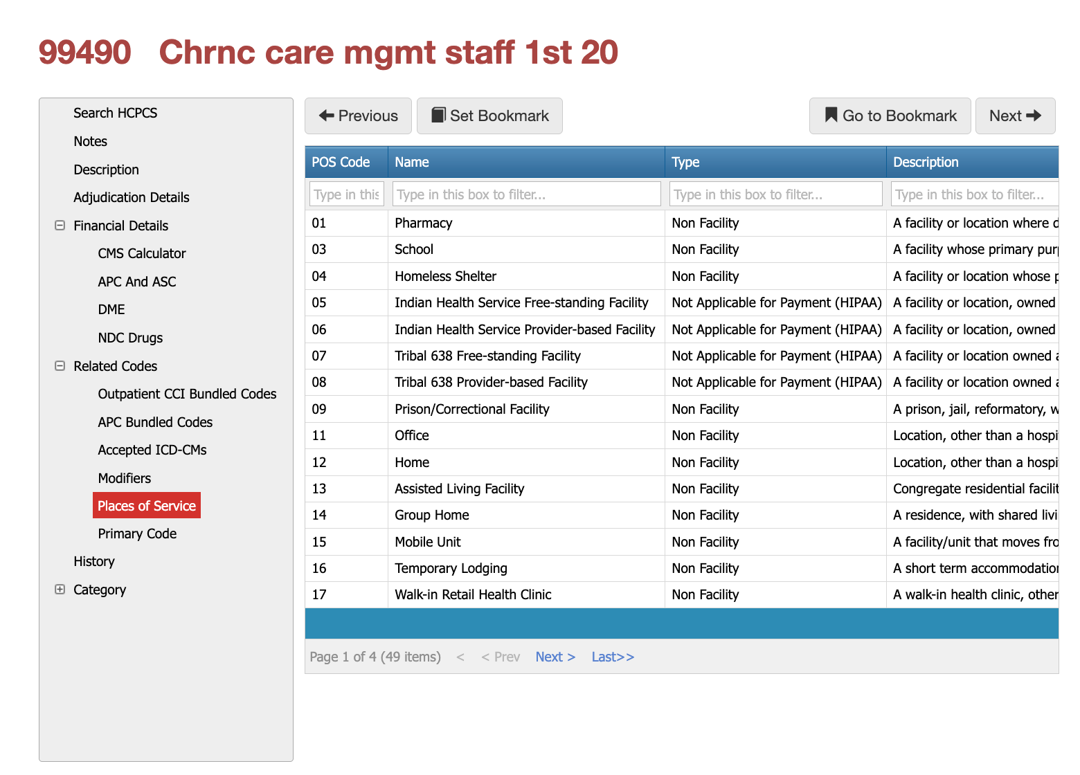 places of service for cpt code 99490