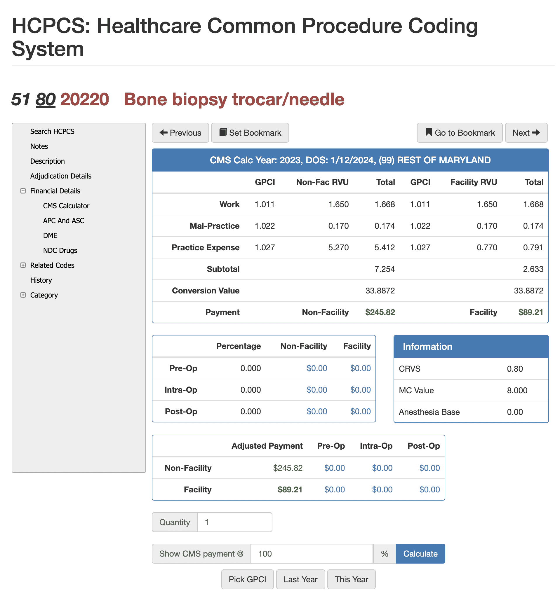 rvu for cpt code 20220