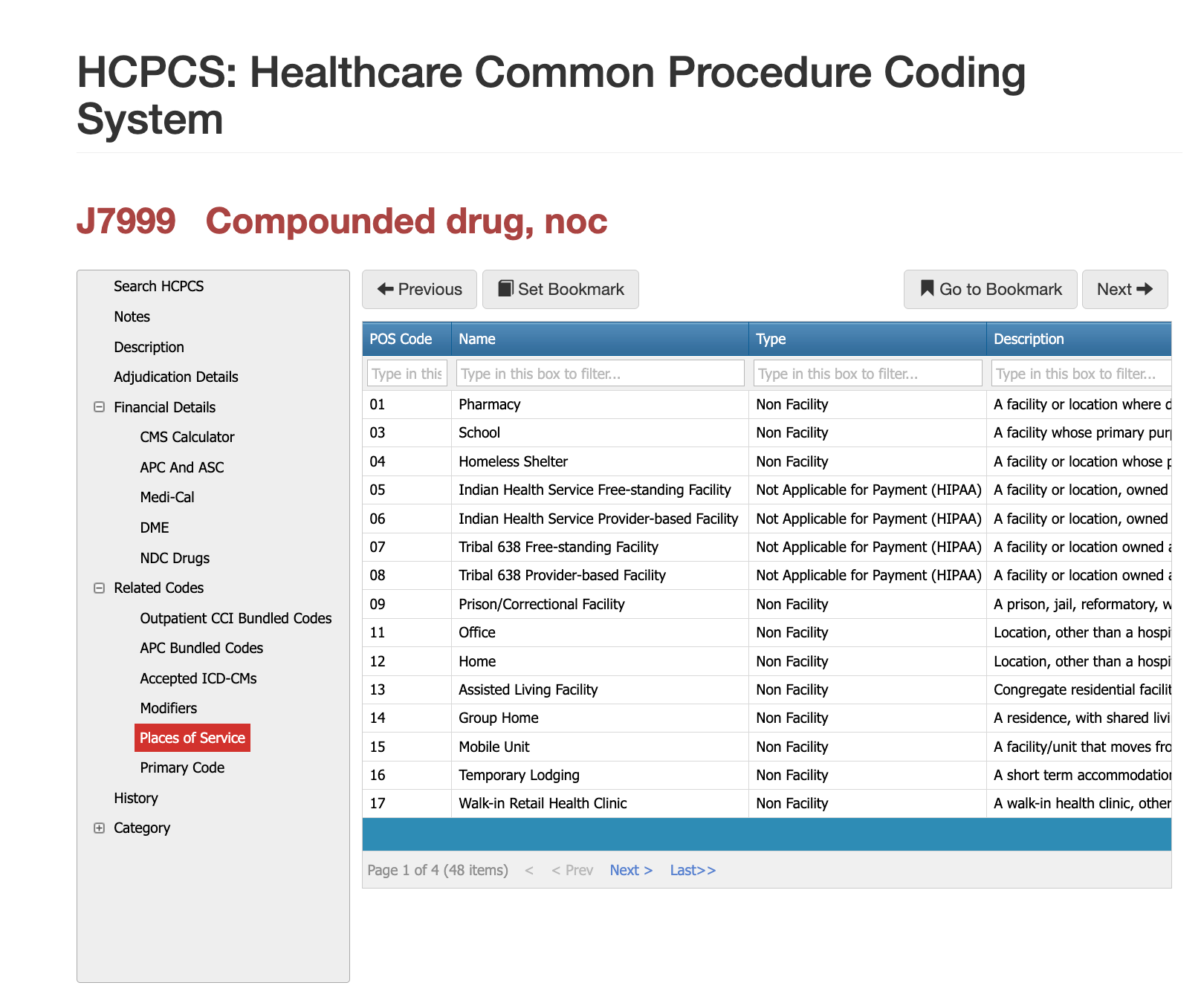 places of service for cpt code j7999