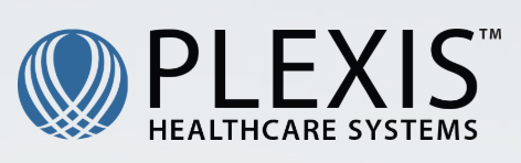 Plexis Healthcare Systems logo: blue globe graphic with white lines, black text on a light gray background.