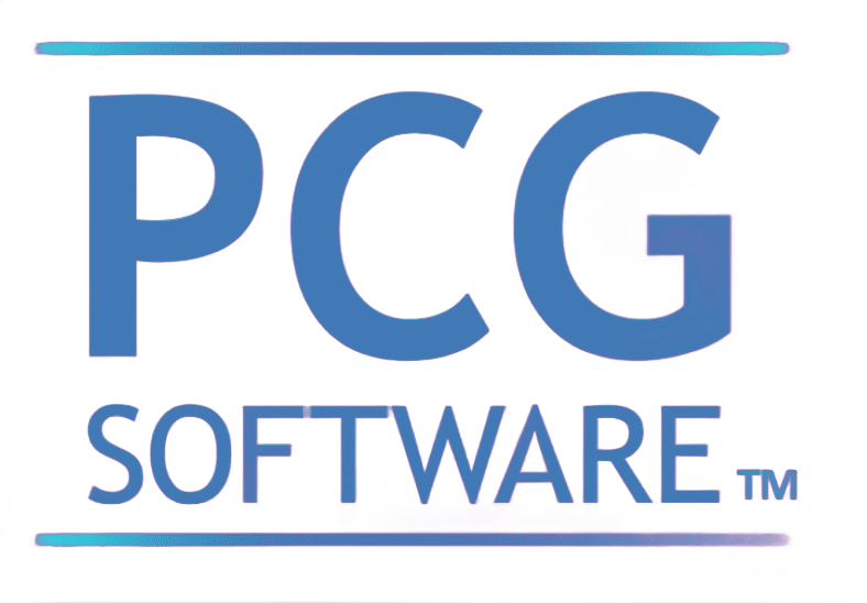 Logo for PCG SOFTWARE in blue font with a horizontal teal line above and below.