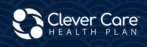 Clever Care Health Plan logo with white abstract figures and text on a blue background.
