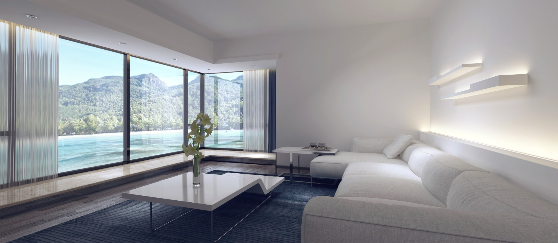 a living room with a couch , coffee table , and large windows with custom sheer vertical shades Simply Windows.