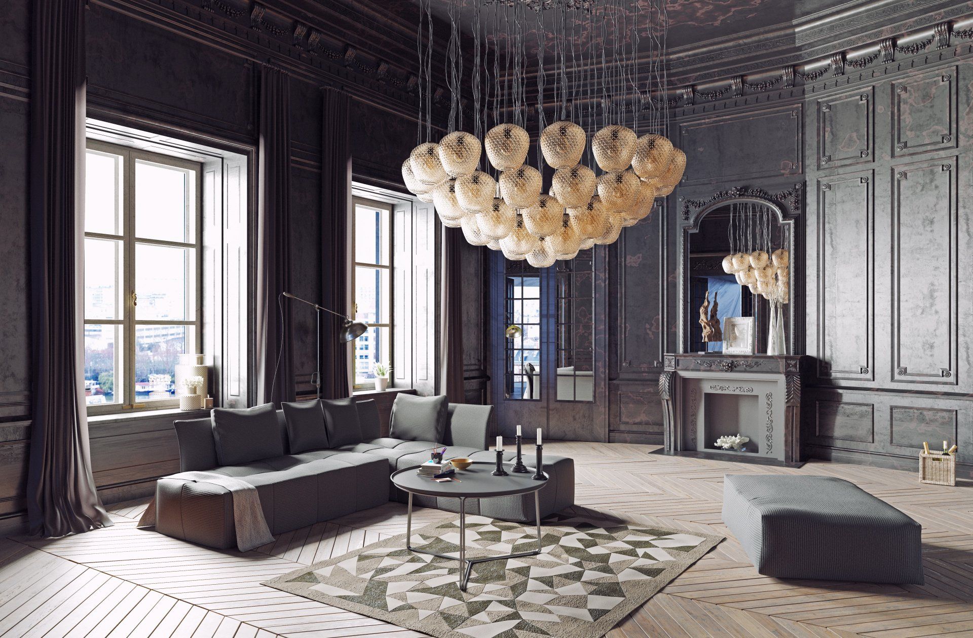 a living room with a couch , fireplace , and chandelier and opulent drapery Simply Windows.