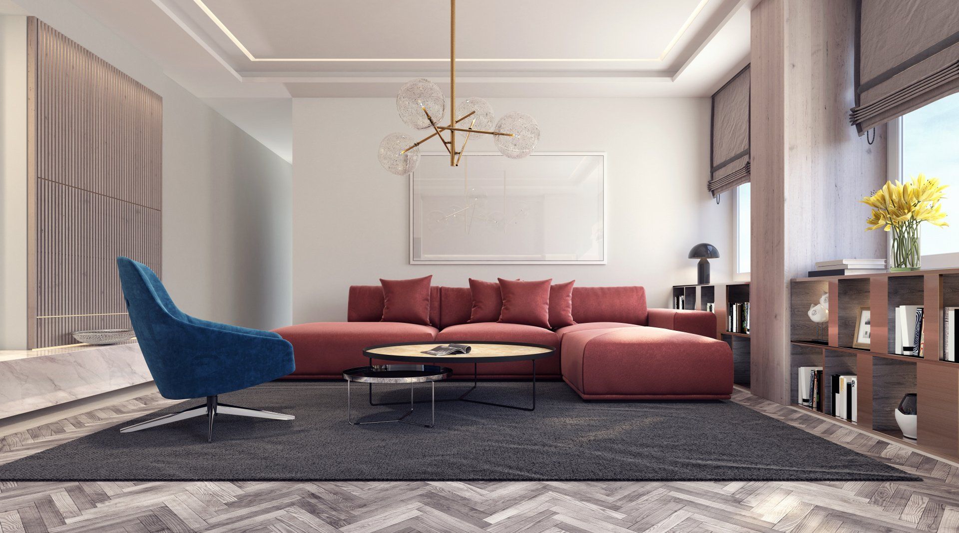 a living room with a red sectional couch and a blue chair and windows with roman shades Simply Windows.