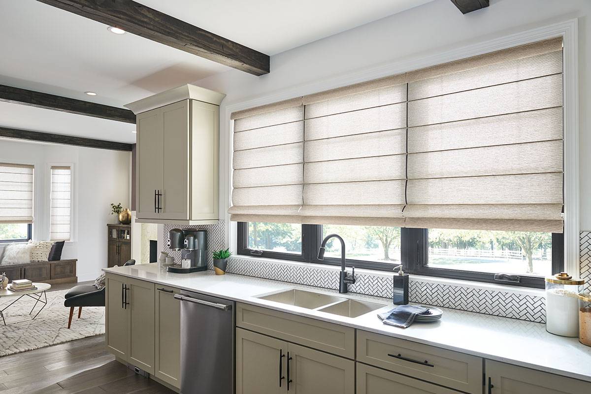 a kitchen with white cabinets , a sink , and a dishwasher and windows with roller shades Simply Windows.