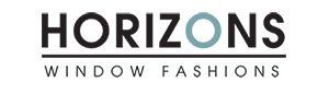 a logo for horizons window fashions is shown on a white background wood blinds Simply Windows.