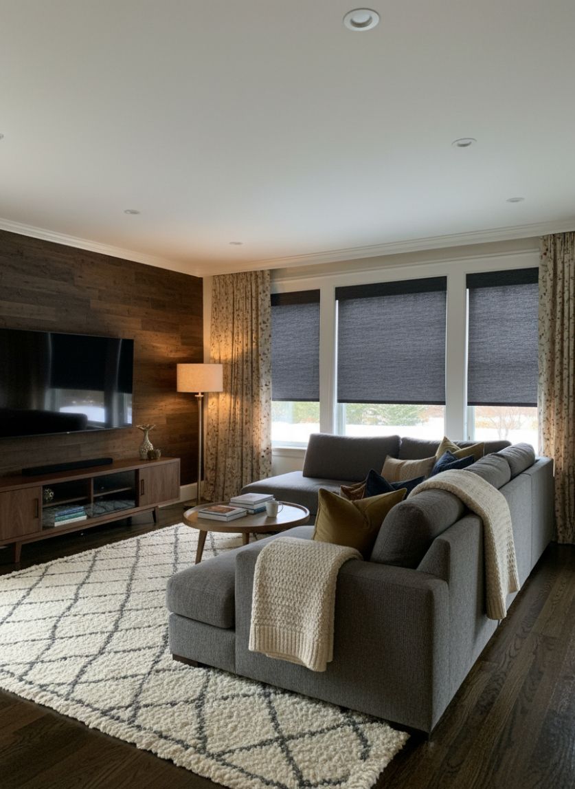 A comfortable media room has black out shades to darken the room for movie nights - simply windows