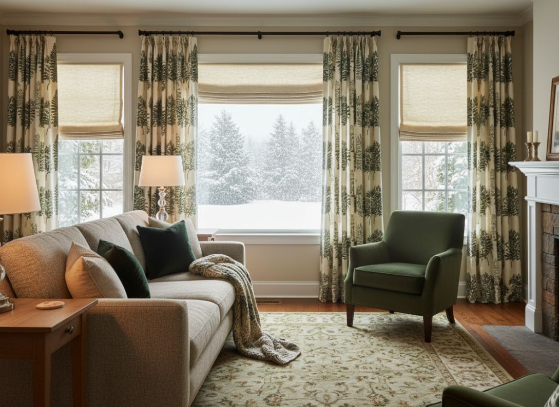 New England living room with Roman shades and pine-patterned custom drapes, styled for winter.