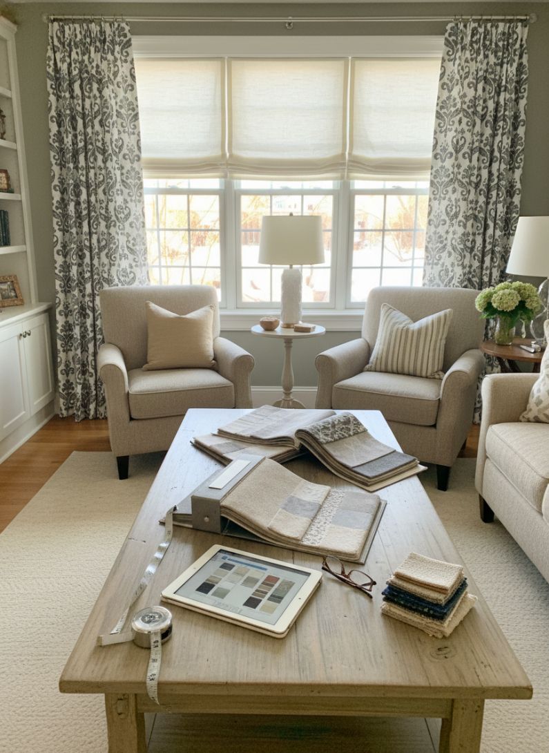 A cozy living room with neutral-toned armchairs, custom Roman shades, and patterned drapes.